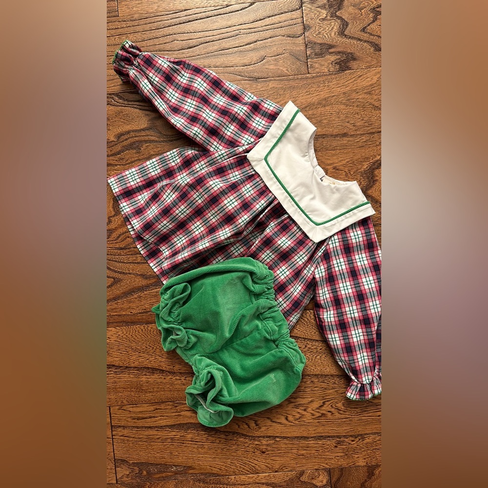 The Beaufort Bonnet Company Girls Red Green Plaid Dress with Green Bloomers
